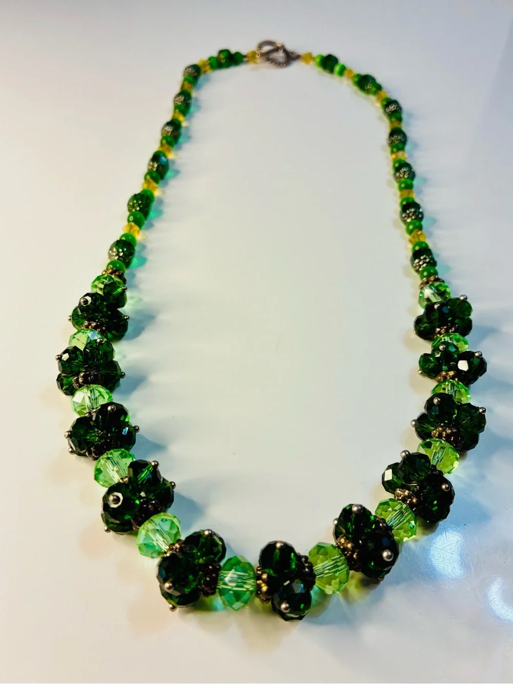 High End Austrian Crystal Dark and Light Green Beaded Necklace - Designer Style